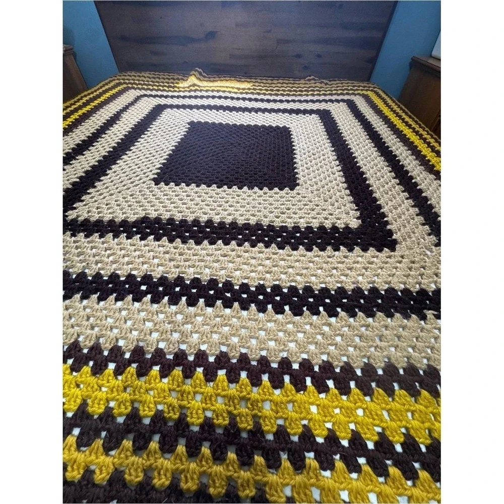 VTG 70s Crochet Afghan Handmade Brown Orange Yellow Band Van Basement Throw